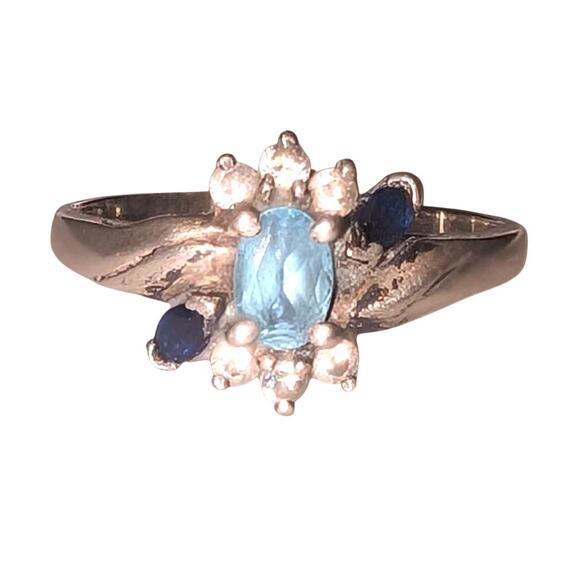 VTG Joseph E Demarco JED Sterling Silver Aquamarine Onyx Crystal Flower Ring 9 - Picture 1 of 9